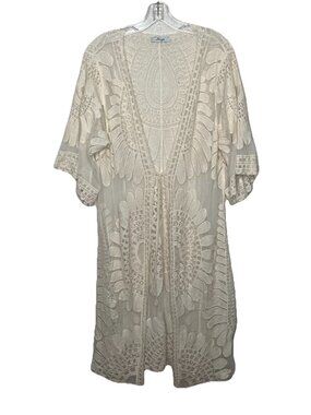 Dasayo Sheer Lace Kimono Cardigan Tie Front Ivory Boho Bell Sleeve Duster OS
